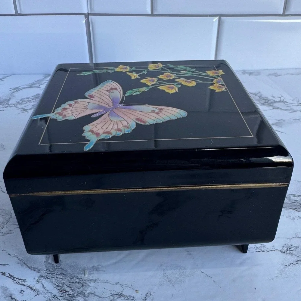 San Francisco Music Box Company Black Butterfly Floral Lacquer Jewelry Box